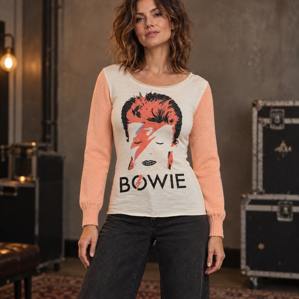 Upcycled David Bowie S Fitted Cream Peach Knit Sleeve Top Glam Rock Music